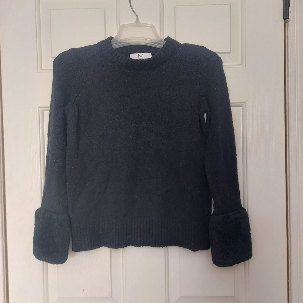 Magaschoni Black Crew Neck Sweater Faux Fur Cuffs XS Pullover Knit Top